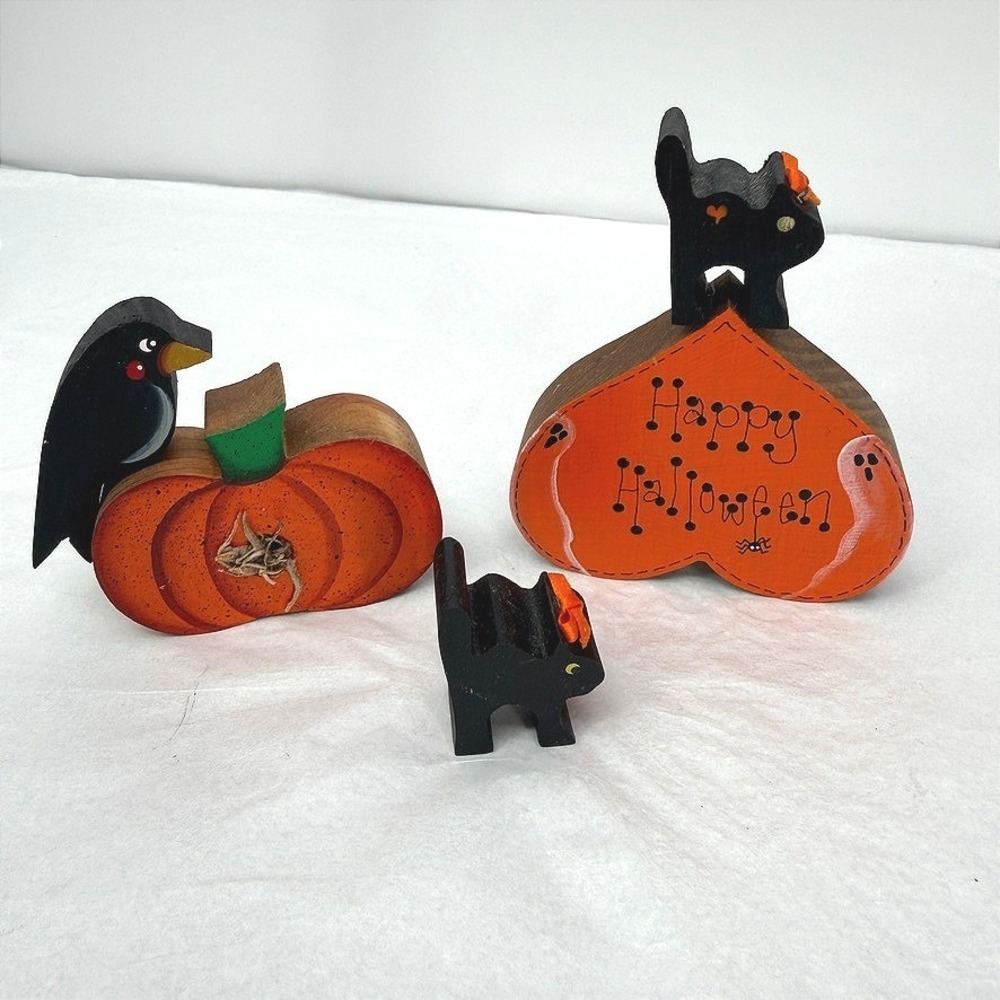 Wooden Halloween Figurine SET Crow on Pumpkin Black Cats Fall Sign Autumn Decor